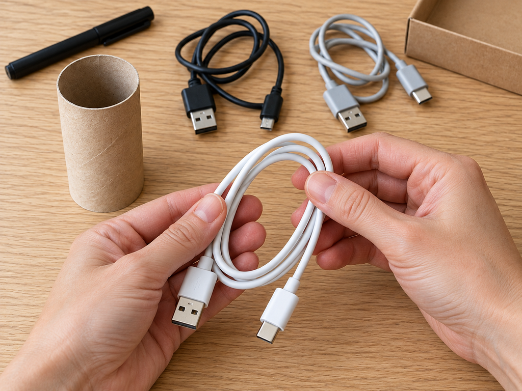 휴지심으로 케이블 정리하기|버리기 전 만드는 개별 보관함 2 손으로 느슨하게 접는 흰색 USB 케이블 2