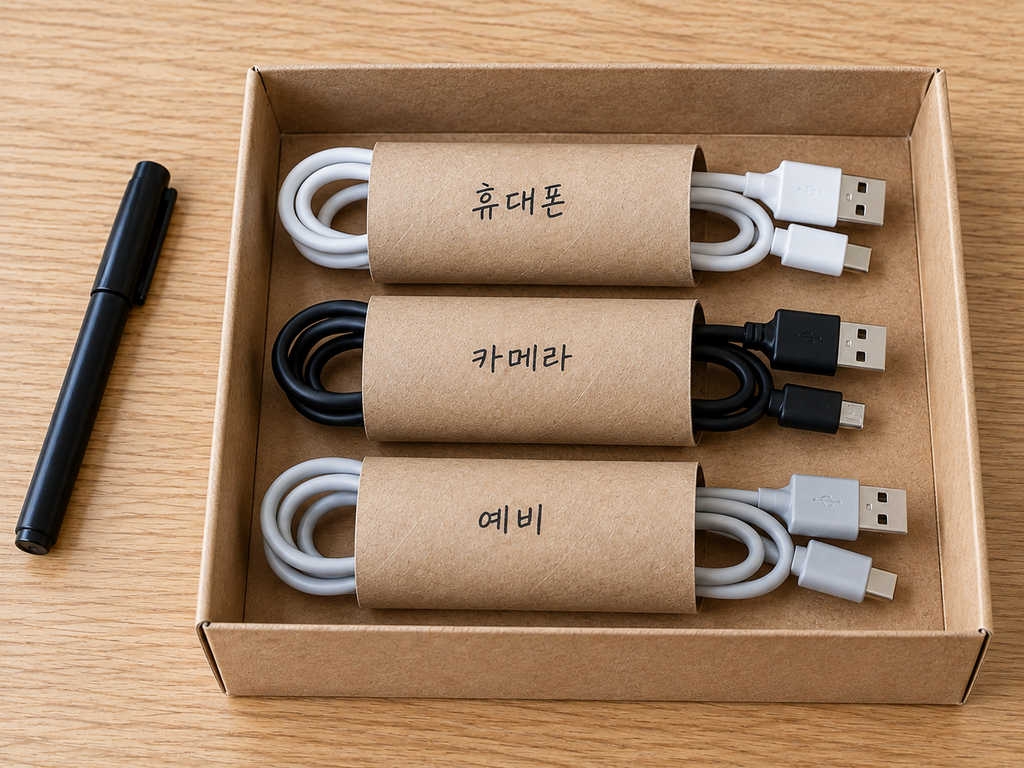휴지심으로 케이블 정리하기|버리기 전 만드는 개별 보관함 4 휴지심으로 정리한 USB 케이블 4